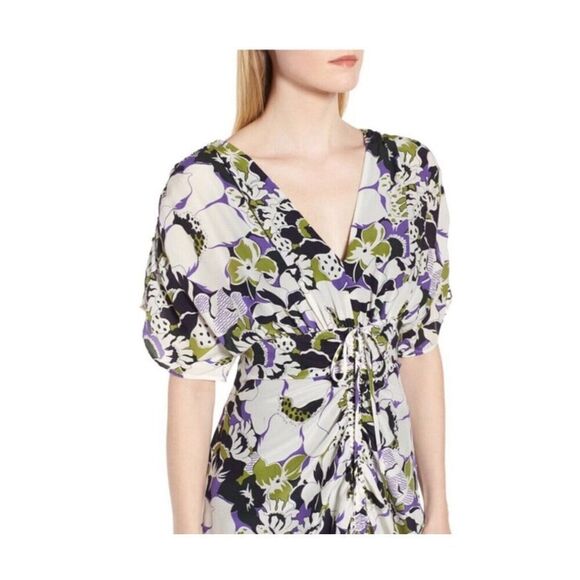 Lewit Silk Midi Ruched Dress Womens 6 Purple Floral‎ V Neck Short Sleeve Sheath - Picture 3 of 14